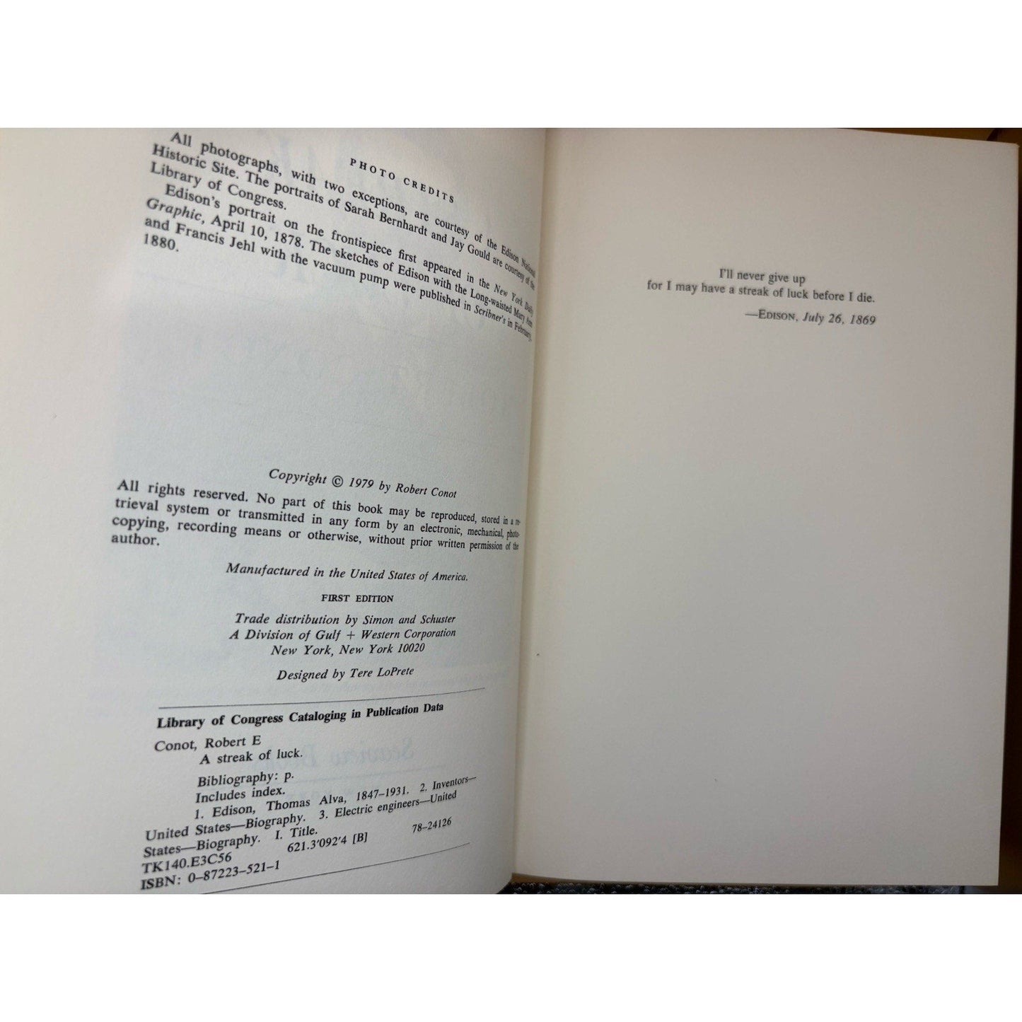 A Streak of Luck Robert Conot 1979 FIRST EDITION Thomas Edison HC w/DJ - Humphrey's Book Den