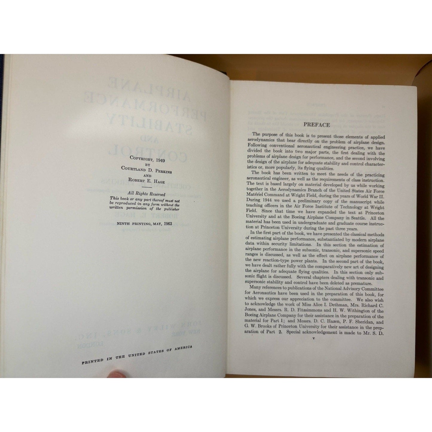 Airplane Performance Stability & Control Perkins Hage Wiley 1949 HC - Humphrey's Book Den