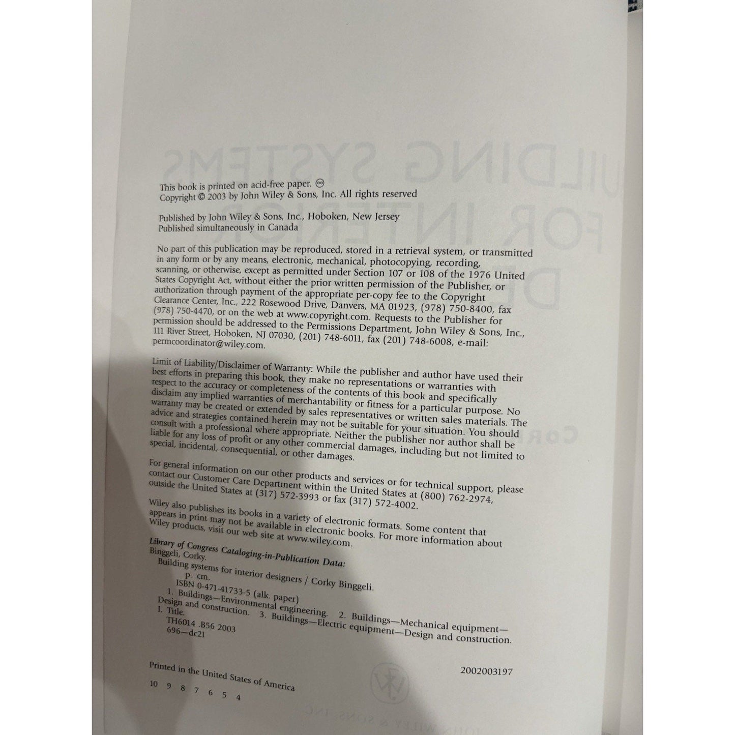 Building Systems for Interior Designers Corky Binggeli HC Wiley 2003 Textbook - Humphrey's Book Den