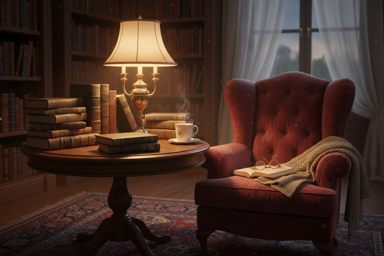 classic literature books on a table with a lamp and chair 