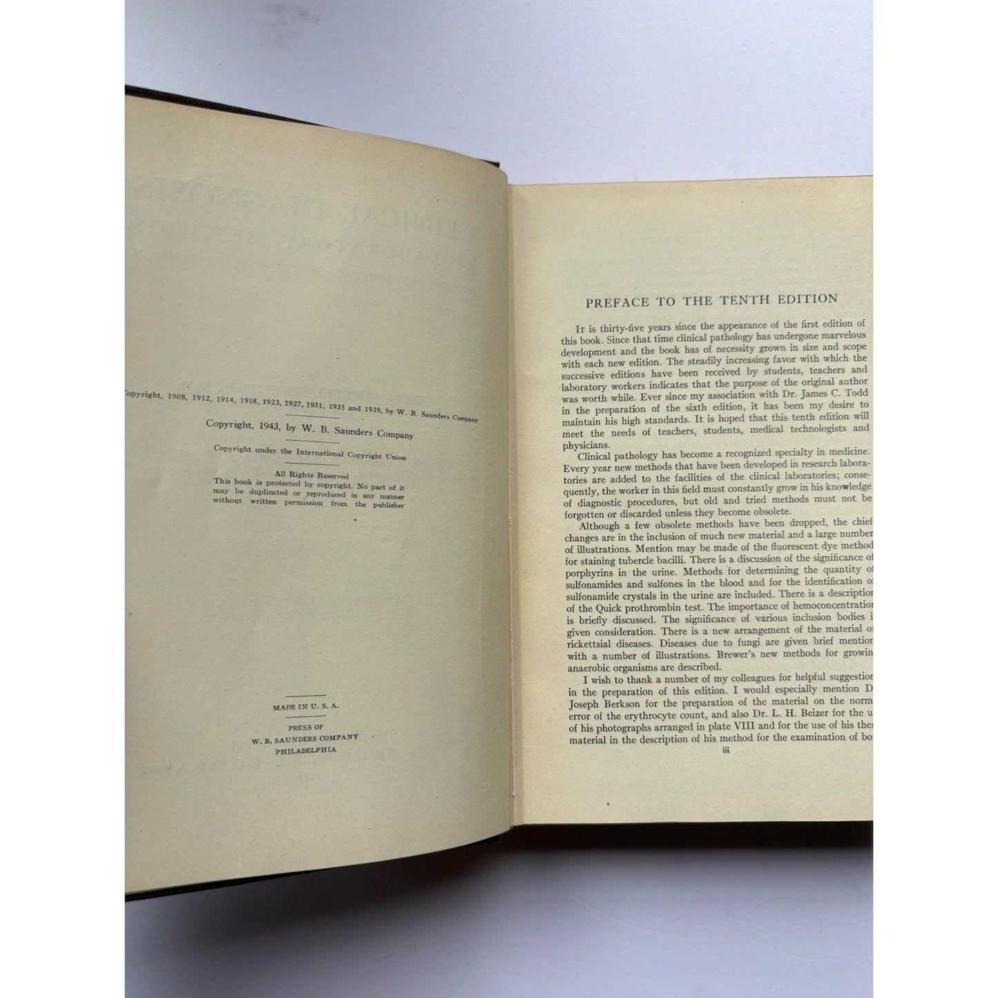 Clinical Diagnosis by Laboratory Methods Todd & Sanford 1943 10th Ed Hardcover - Humphrey's Book Den