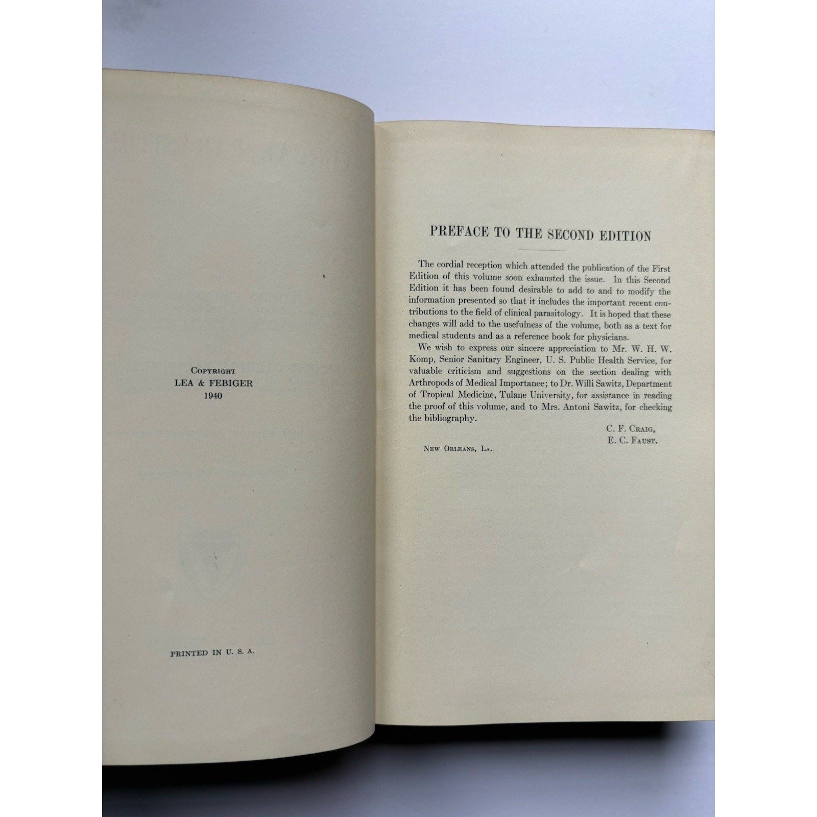 Clinical Parasitology 1940 Charles Craig Ernest Faust 2nd Edition Medical Book - Humphrey's Book Den