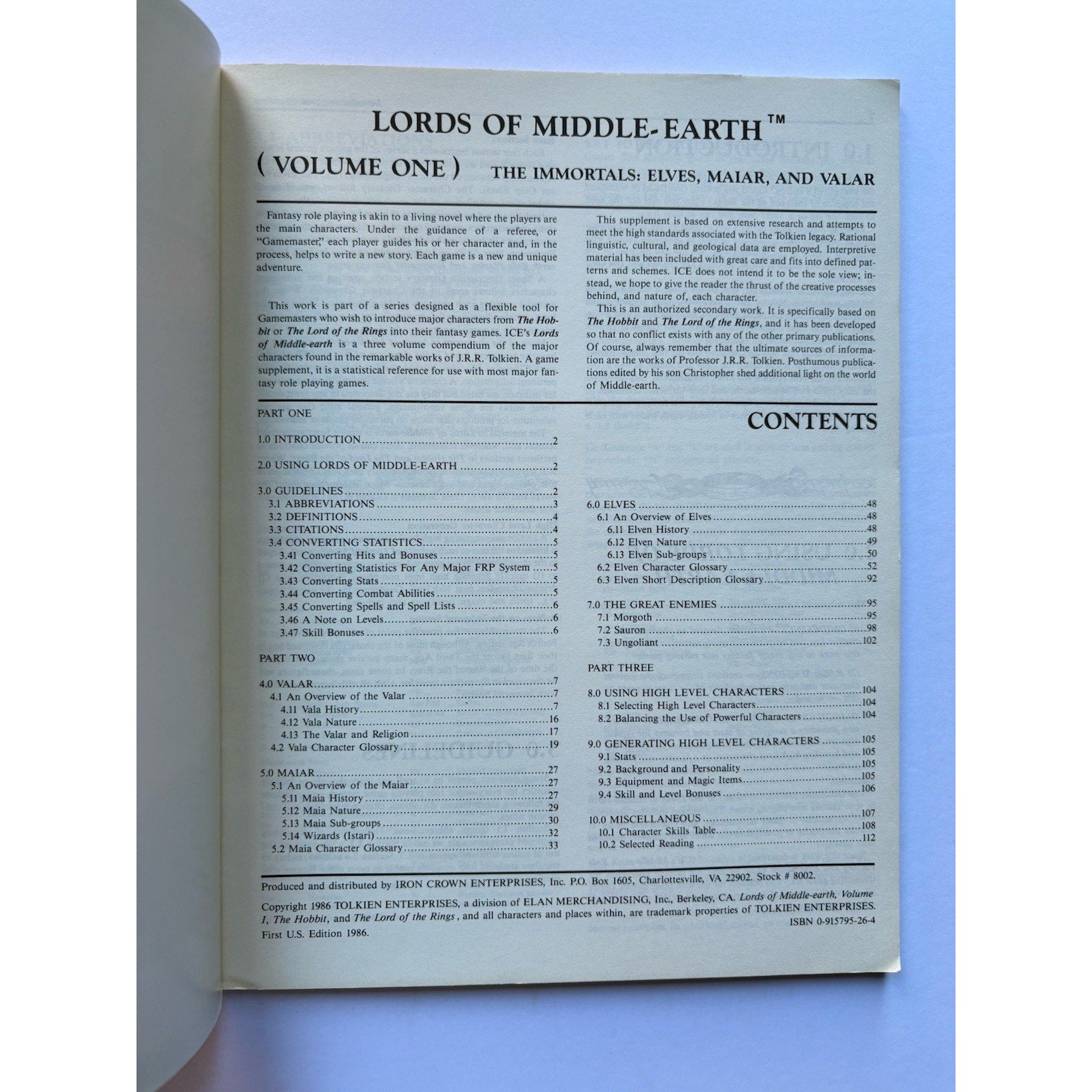 D&D Lords of Middle - earth Vol I ICE 8002 1986 MERP Elves Maiar Valar Tolkien - Humphrey's Book Den