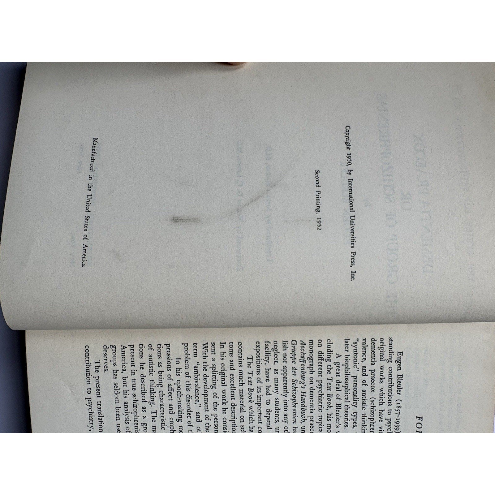 Dementia Praecox Or The Groups Of Scizophrenias Eugene Blueler - Medical Book HC - Humphrey's Book Den