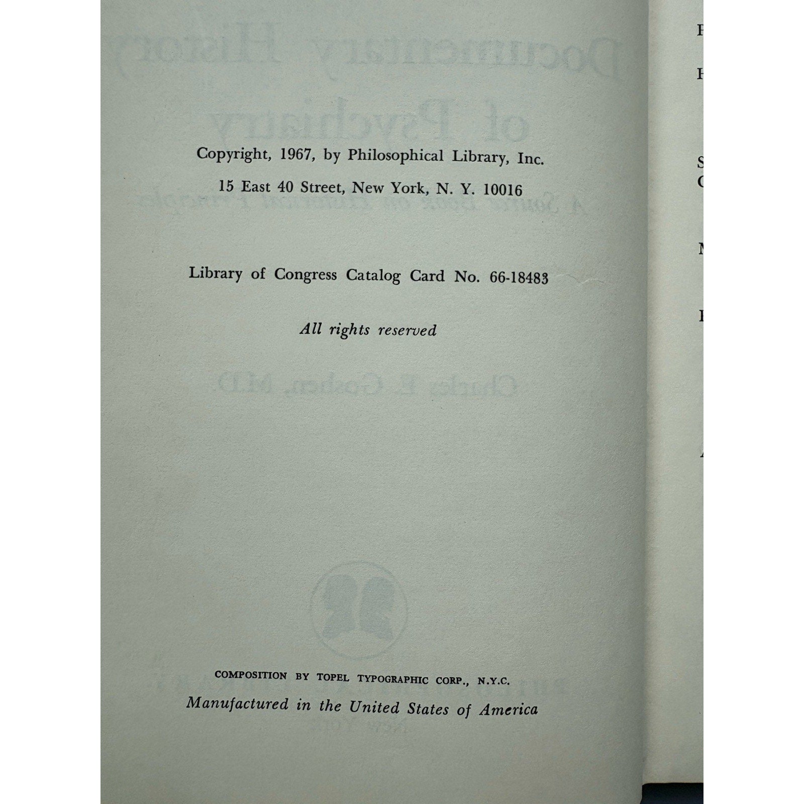 Documentary History of Psychiatry Charles E. Goshen 1967 Philosophical Library - Humphrey's Book Den