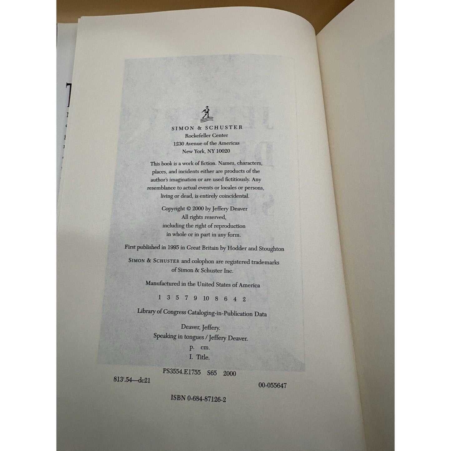 Jeffery Deaver – Speaking in Tongues SIGNED 1st Edition 1st Printing HC/DJ - Humphrey's Book Den