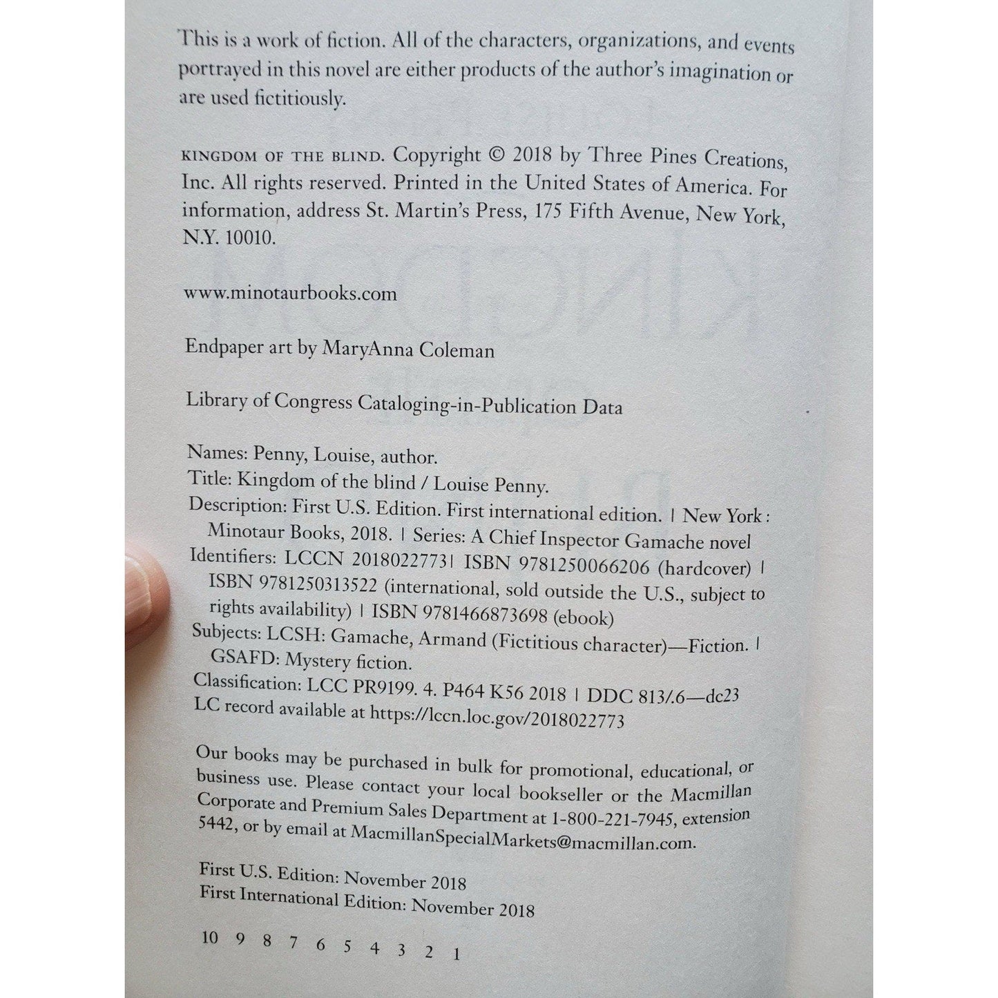 Kingdom of the Blind Louise Penny First U.S. Edition Hardcover w/ DJ 2018 - Humphrey's Book Den