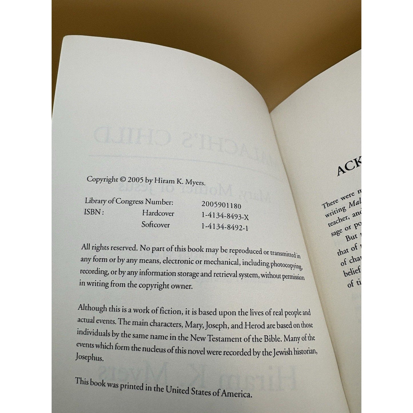 Malachi’s Child by Hiram K. Myers Hardcover 2005 Religious Historical Novel - Humphrey's Book Den