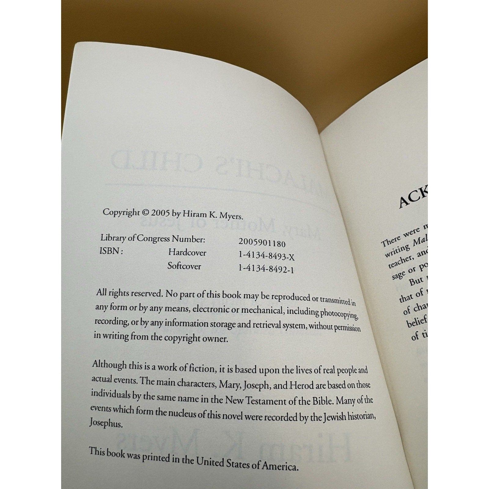 Malachi’s Child by Hiram K. Myers Hardcover 2005 Religious Historical Novel - Humphrey's Book Den