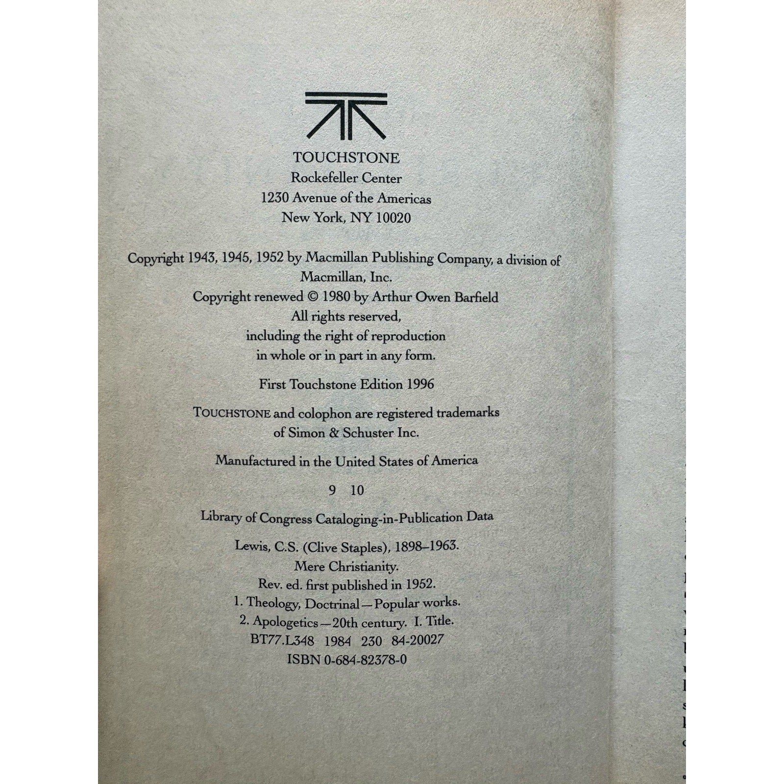 Mere Christianity by C.S. Lewis 1996 First Touchstone Edition Apologetics - Humphrey's Book Den