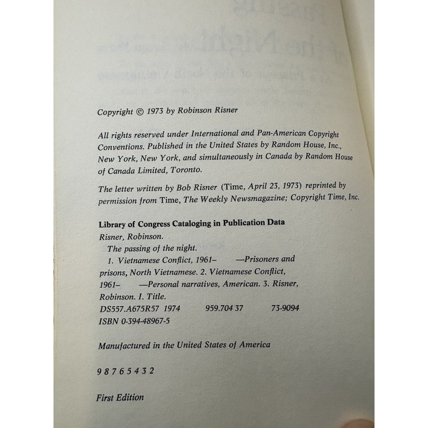 Passing of the Night Robinson Risner SIGNED 1st Ed 1973 Vietnam POW Memoir DJ - Humphrey's Book Den