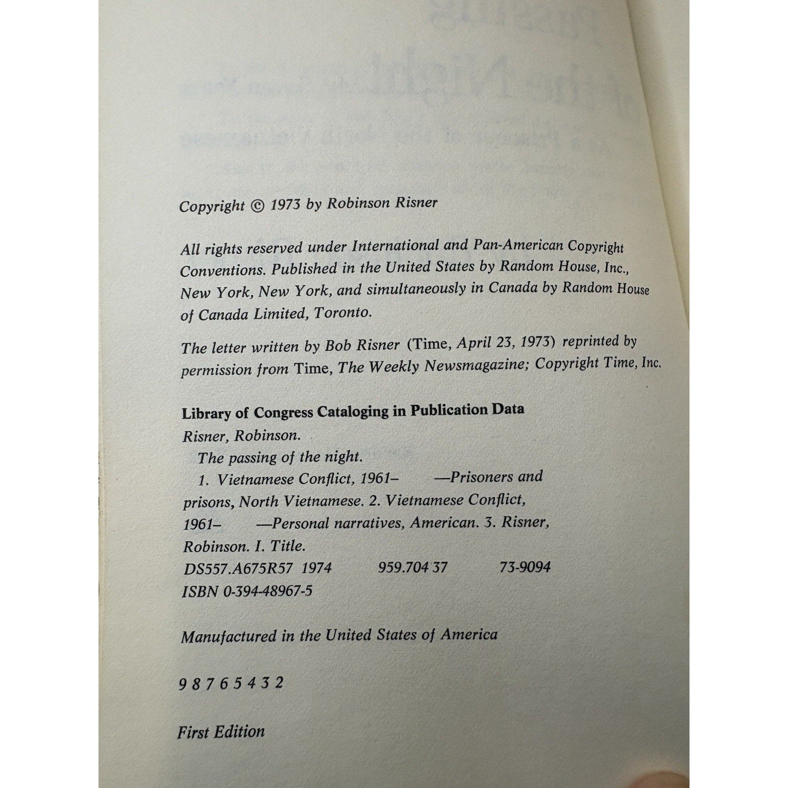 Passing of the Night Robinson Risner SIGNED 1st Ed 1973 Vietnam POW Memoir DJ - Humphrey's Book Den