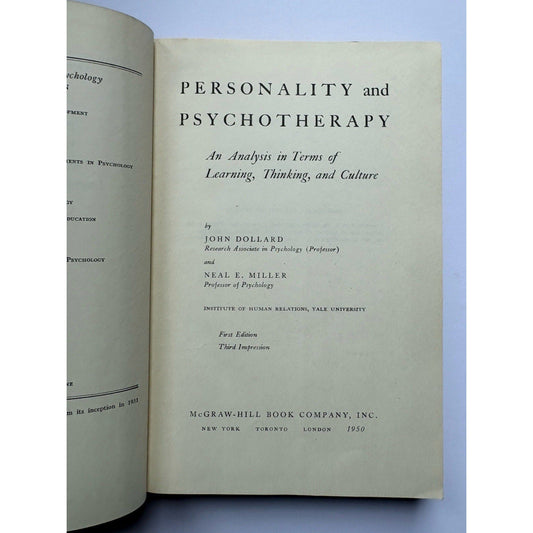 Personality and Psychotherapy Dollard Miller 1950 First Edition Learning Theory - Humphrey's Book Den