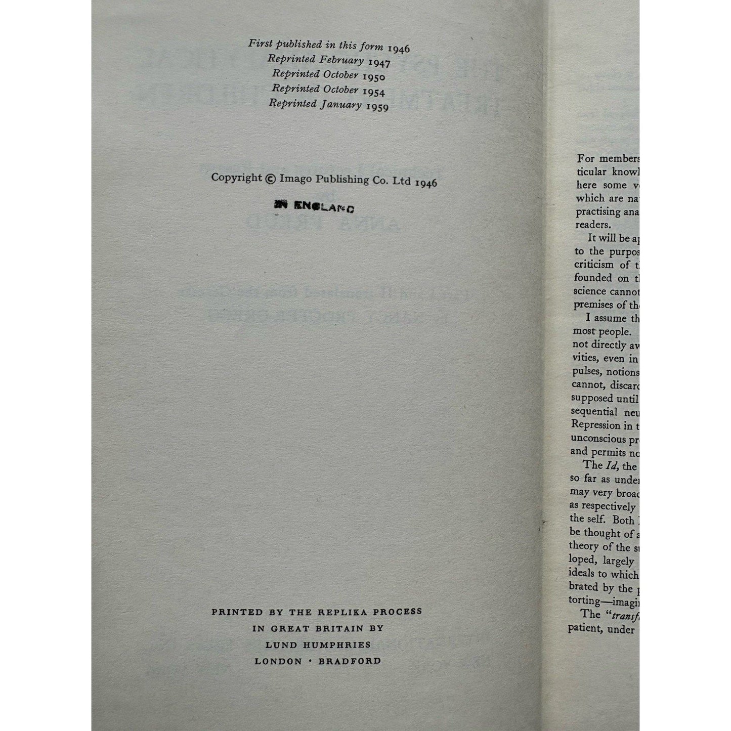The Psycho - Analytical Treatment of Children by Anna Freud 1959 Hardcover - Humphrey's Book Den
