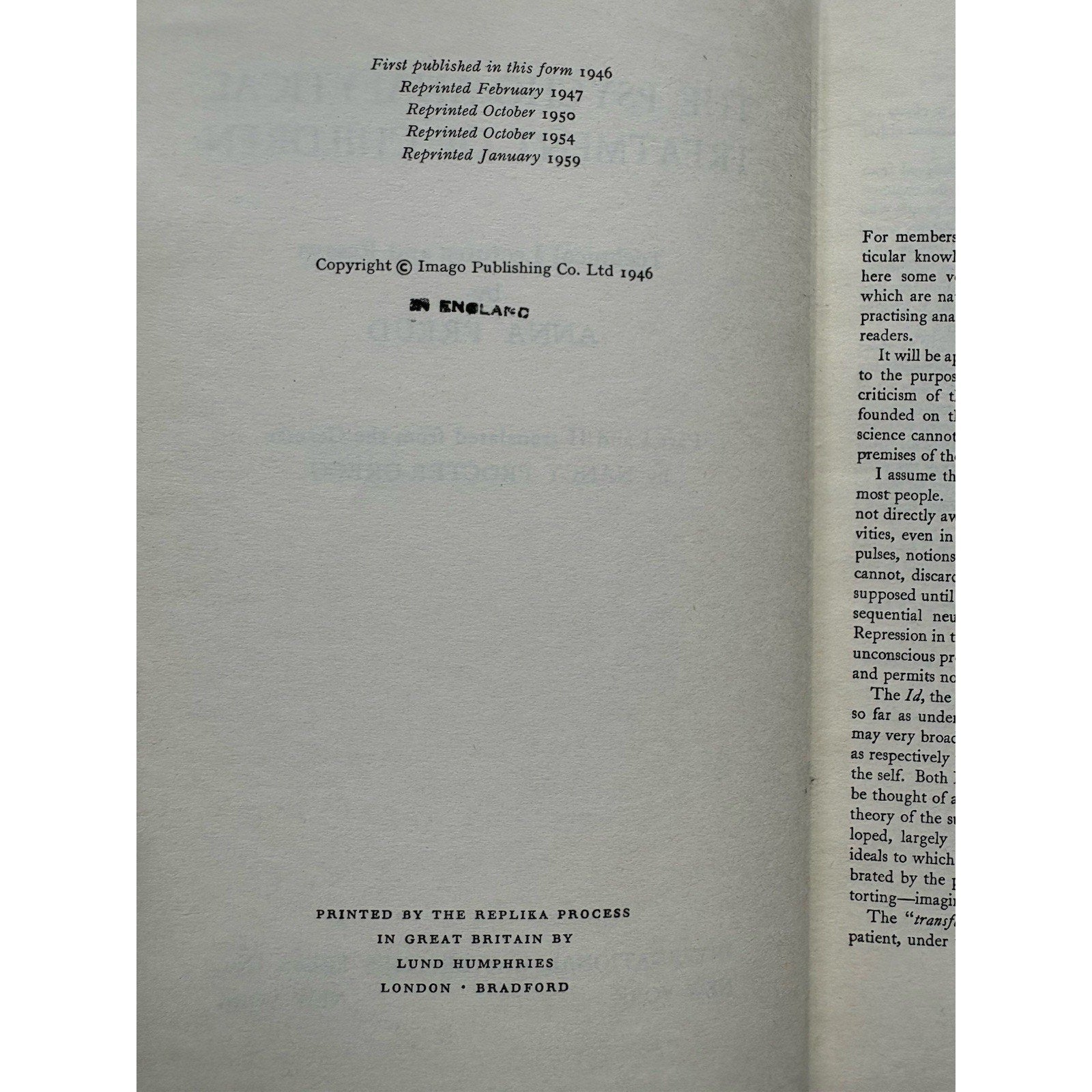 The Psycho - Analytical Treatment of Children by Anna Freud 1959 Hardcover - Humphrey's Book Den