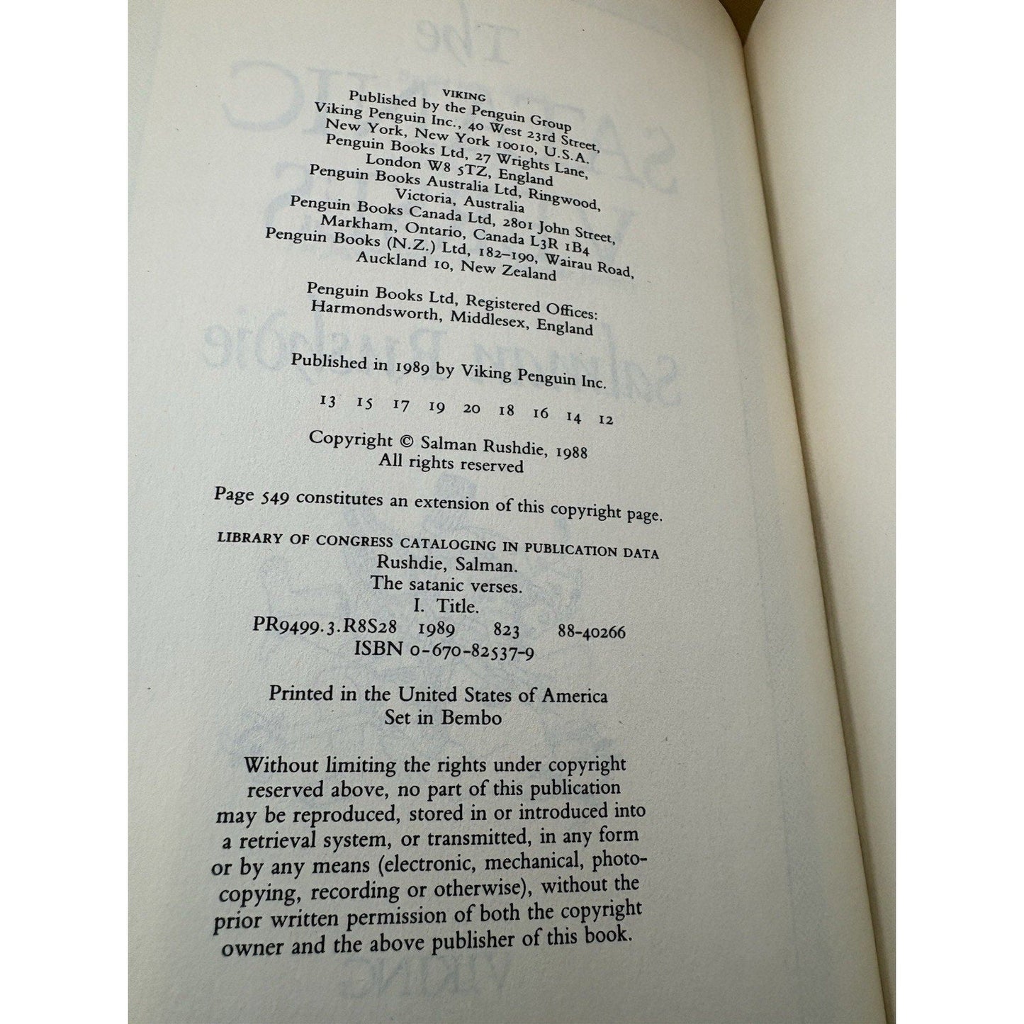 The Satanic Verses Salman Rushdie 1989 1st Ed Viking Hardcover Collectible - Humphrey's Book Den